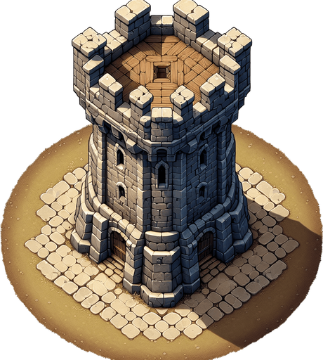 a medieval style stone tower. top down view. Single Game Texture. In-Game asset. 2d. Blank background. High contrast. No shadows.