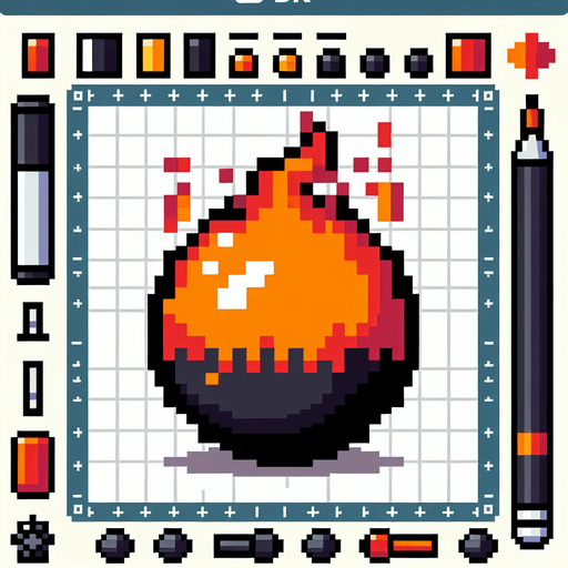 Cartoon, 8bit, fireball. Black border. Cicular..
Single Game Texture. In-Game asset. 2d. Blank background. High contrast. No shadows.