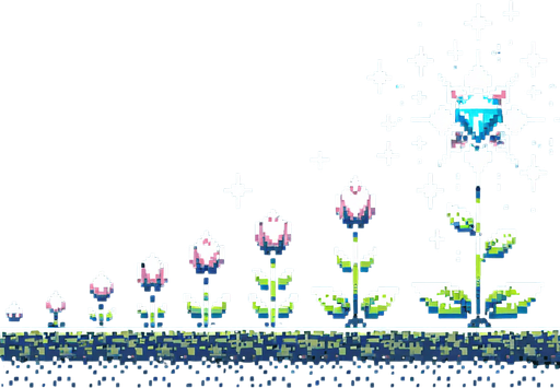 pixel art sprite sheet of a growing plant with a diamond flower.
Game asset. 2d. Blank background. High contrast. No shadows.