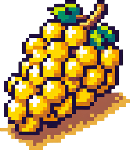 Pixel art of yellow grapes.
Single Game Texture. In-Game asset. 2d. Blank background. High contrast. No shadows.