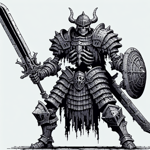 giant armored skeleton with a great sword.
Single Game Texture. In-Game asset. 2d. Blank background. High contrast. No shadows.