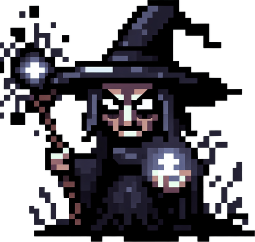 cartoon 8bit evil witch..
Single Game Texture. In-Game asset. 2d. Blank background. High contrast. No shadows.