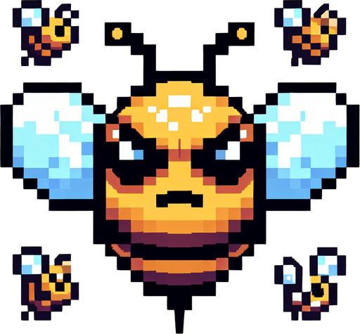 pixel art. some angry bees..
Single Game Texture. In-Game asset. 2d. Blank background. High contrast. No shadows.