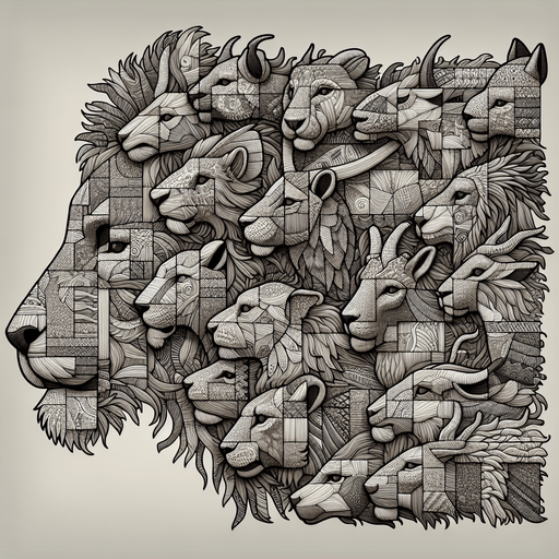 Patchwork of heads of plenty animals..
Single Game Texture. In-Game asset. 2d. Blank background. High contrast. No shadows.