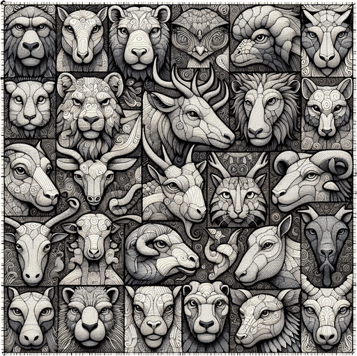 Patchwork of heads of plenty animals..
Single Game Texture. In-Game asset. 2d. Blank background. High contrast. No shadows.