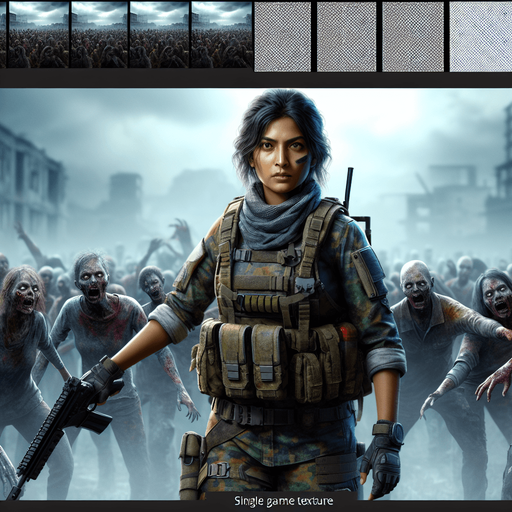 Soldier in a zombie infested world.
Single Game Texture. In-Game asset. 2d. Blank background. High contrast. No shadows.