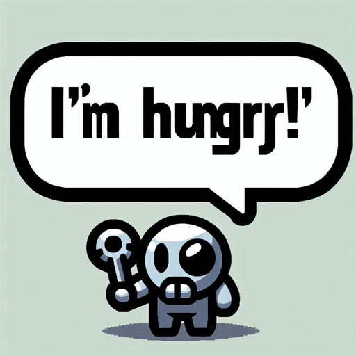 Create a cartoon-style illustration of a speech bubble that is written I'm Hungry!.
Single Game Texture. In-Game asset. 2d. Blank background. High contrast. No shadows.