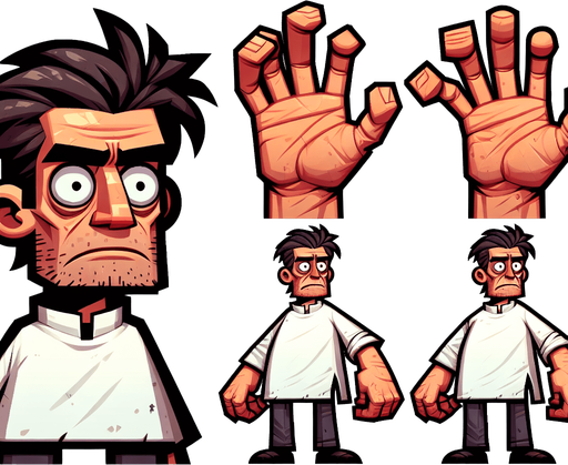 An insane, deranged man with a large right hand.
Single Game Texture. In-Game asset. 2d. Blank background. High contrast. No shadows.