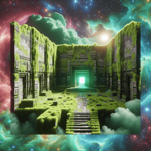 Mossy green ancient temple ruins interior surrounded by colorful galactic clouds..
Single Game Texture. In-Game asset. 2d. Blank background. High contrast. No shadows.