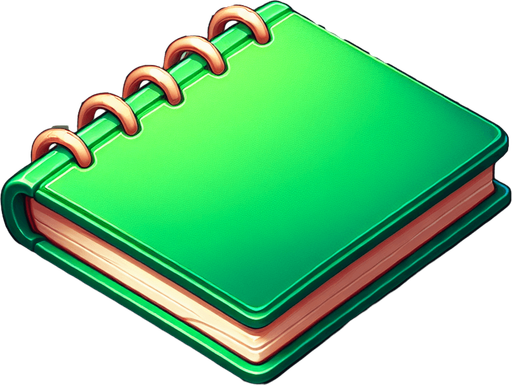 Green Notebook.
Single Game Texture. In-Game asset. 2d. Blank background. High contrast. No shadows.