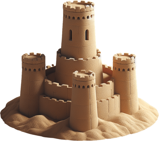 face view of a simple sandcastle with 2 flat towers on the sides and a central one a bit higher but flat too..
casual game style