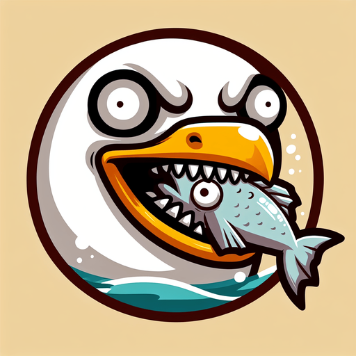 create a cartoon-style illustration of a seagul's face chomping down on a fish make it comical..
Single Game Texture. In-Game asset. 2d. Blank background. High contrast. No shadows.