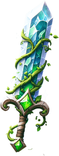 Magical elemental crystal sword made of stone and green vines..
Single Game Texture. In-Game asset. 2d. Blank background. High contrast. No shadows.