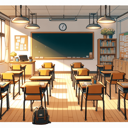 A clean, warm and welcoming classroom in a school, facing the blackboard..
Single Game Texture. In-Game asset. 2d. Blank background. High contrast. No shadows.