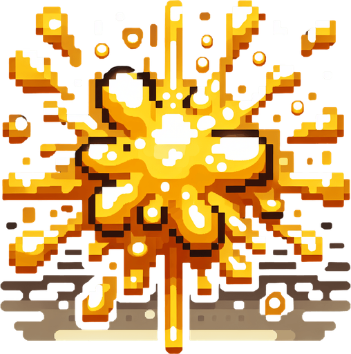 golden radial liquid cartoony puffed explosion. pixelated. 8 bit..
Single Game Texture. In-Game asset. 2d. Blank background. High contrast. No shadows.