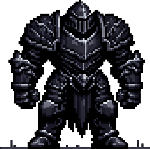 a colossal menacing black knight in heavy armor. pixelart game sprite. front view. Single Game Texture. In-Game asset. 2d. Blank background. High contrast. No shadows.