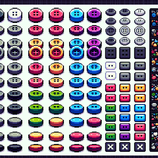 Create a sprite sheet featuring various sewing buttons. Each button should be distinct, with a cohesive color scheme containing a wide range of rainbow colors. The style should be detailed pixel art, reminiscent of classic 8-bit era video game. Arrange the components on a dark background, with each part neatly aligned in rows and columns for easy identification and use in game development..
Single Game Texture. In-Game asset. 2d. Blank background. High contrast. No shadows.