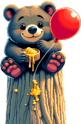 pixel art. a full screen illustration. a likeable and very content little bear cub with a punctured and deflated red baloon is looking down from an incredibly tall redwood tree, inspecting where to get a foothold in order to climb down. The baloon has a puncture in it, from a bee sting, where air is visible flowing out of it, deflating it. the bear's face and fur is smeared a bit with all the delicious golden yellow honey he just ate, which he is enjoying and feeling satiated from. The picture should adhere to the bear's perspective, looking down the tall tree trunk towards the green meadow beneath him. It's a bright summer day with a clear blue sky. Mountains in the distance..
Single Game Texture. In-Game asset. 2d. Blank background. High contrast. No shadows.