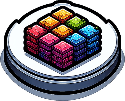 a button with random rainbow cubes on it over the text "lag".
Single Game Texture. In-Game asset. 2d. Blank background. High contrast. No shadows.