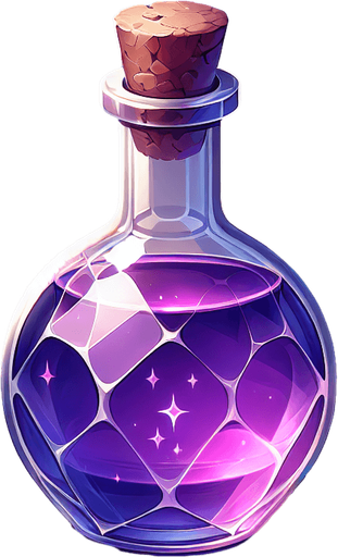 potion magique violette.
Single Game Texture. In-Game asset. 2d. Blank background. High contrast. No shadows.