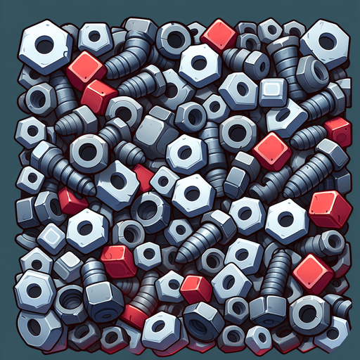 2d pile of gray and red nuts and bolts Single Game Texture. In-Game asset. 2d. Blank background. High contrast. No shadows.