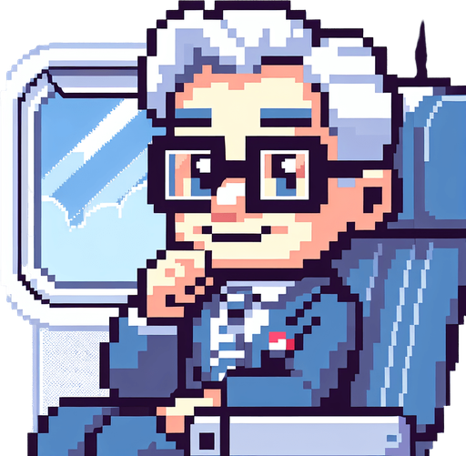 a 2d funny character in 8-bit and cartoon of joe biden on an airplane..