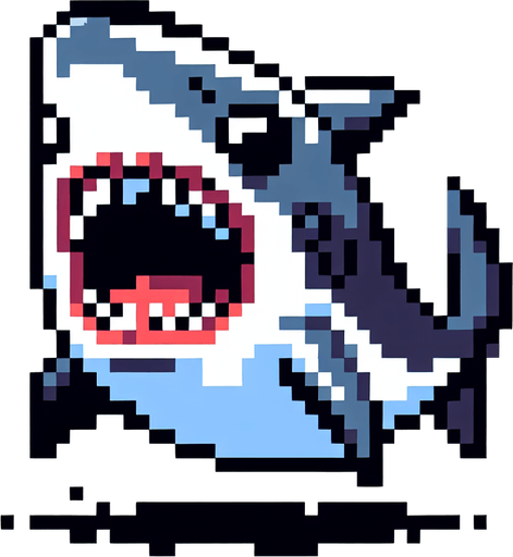 8 bit. cartoon. shark. ingame asset. seen from the front. open mouth. Single Game Texture. In-Game asset. 2d. Blank background. High contrast. No shadows.