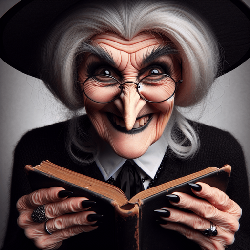 Old gloomy teacher witch with a malicious smile, with glasses, a twisted nose and a black conical hat, holding a book and looking at the camera.
Torso head and hat should appear