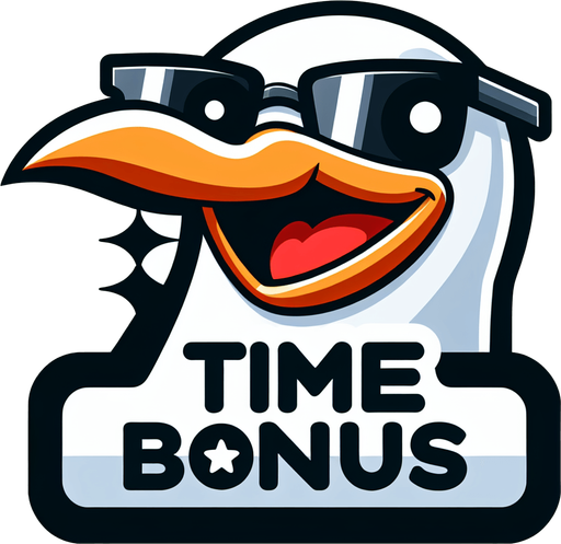 Create a  cartoon-style illustration of a smiling face of a seagul with black shades with the words "Time Bonus" at the bottom of it.
Single Game Texture. In-Game asset. 2d. Blank background. High contrast. No shadows.