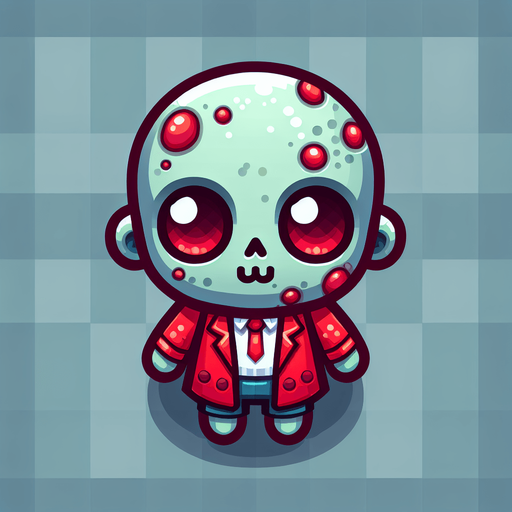 cute zombie in red.
Single Game Texture. In-Game asset. 2d. Blank background. High contrast. No shadows. top down view. bird view