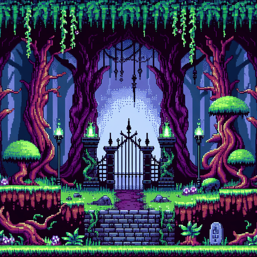 evil enchanted dark forest background, 1st person perspective, I want the art style to reflect a classic 16-bit retro pixel art aesthetic, reminiscent of early 1990s RPGs with vibrant colors..
Single Game Texture. In-Game asset. 2d. Blank background. High contrast. No shadows.