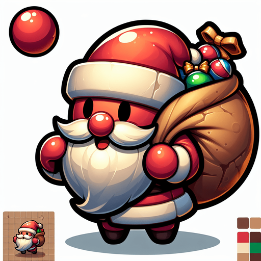 Circular Santa, with gifts on his back. Cartoon. Single Game Texture. In-Game asset. 2d. Blank background. High contrast. No shadows.