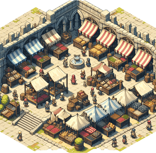 a marketplace in a  fantasy rts style.
Single Game Texture. In-Game asset. 2d. Blank background. High contrast. No shadows.