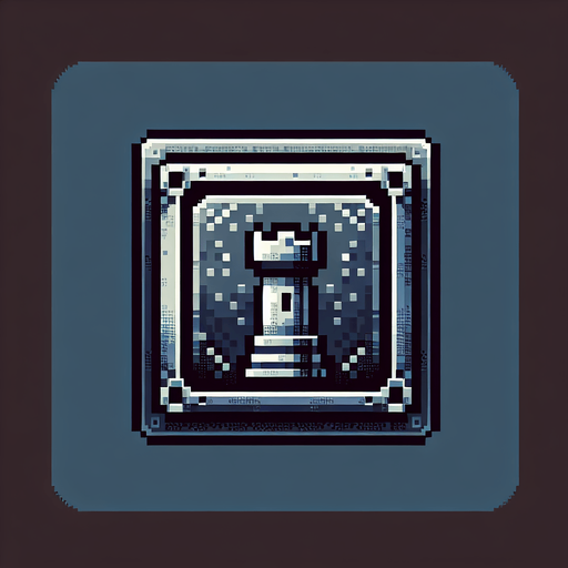 A metalic square button with the symbol of a tower from chess. Pixelart. Gamegui style. Medieval. Single Game Texture. In-Game asset. 2d. Blank background. High contrast. No shadows.