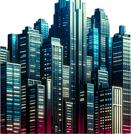 Neon cityscape, skyscraper, single vertical building , window panes.
Single Game Texture. In-Game asset. 2d. Blank background. High contrast. No shadows.