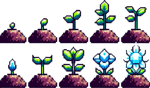 pixel art sprite sheet of a growing plant with a diamond flower.
Game asset. 2d. Blank background. High contrast. No shadows.