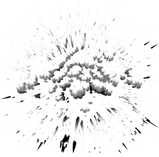 explosion, black and white.
Single Game Texture. In-Game asset. 2d. Blank background. High contrast. No shadows.