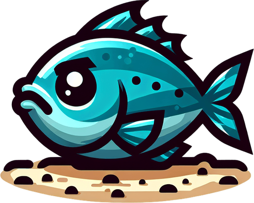 create a cartoon-style illustration of a fish ashore, front view.
Single Game Texture. In-Game asset. 2d. Blank background. High contrast. No shadows.