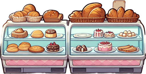 Cartoon bluno background of a bakery.
Single Game Texture. In-Game asset. 2d. Blank background. High contrast. No shadows.