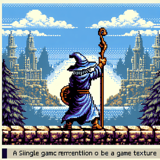 A wizard hero facing away with his back turned with his staff in the air
I want the art style to reflect a classic 16-bit retro pixel art aesthetic, reminiscent of early 1990s RPGs with vibrant colors. The environment should have a rich, fantasy-themed design with intricate backgrounds and a nostalgic, old-school feel..
Single Game Texture. In-Game asset. 2d. Blank background. High contrast. No shadows.