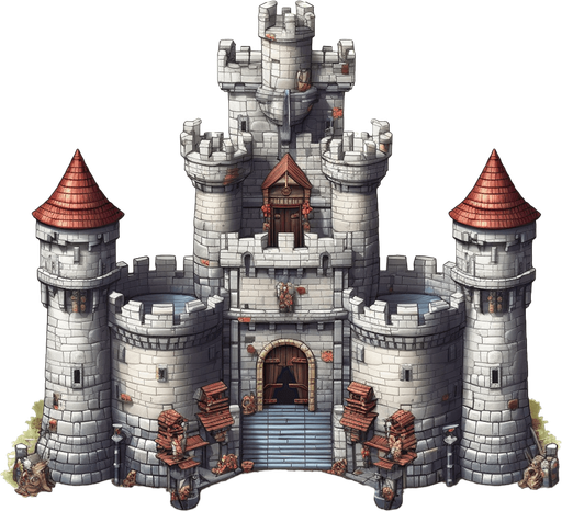 Full view Hero stronghold with gate at the right.
Game Texture. In-Game asset. 2d. Pixelart. White background. Blank background. Low detail. High contrast.