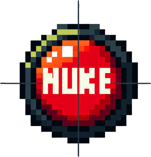 a button with text that says "nuke".
Single Game Texture. In-Game asset. 2d. Blank background. High contrast. No shadows. pixelated