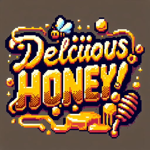 a cool splash screen style text saying 'Delicious Honey!' golden yellow brown honey colors. high-resolution pixel art..
Single Game Texture. In-Game asset. 2d. Blank background. High contrast. No shadows.