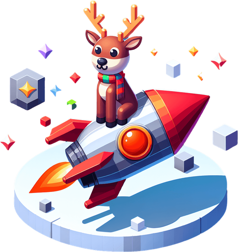 A reindeer on a rocket.
Single Game Texture. In-Game asset. 2d. Blank background. High contrast. No shadows.