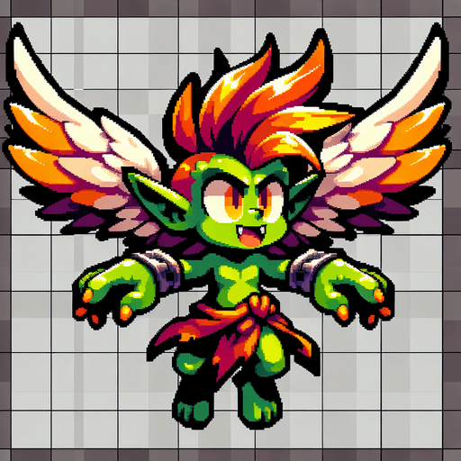 8-bit. cartoon. winged goblin..
Single Game Texture. In-Game asset. 2d. Blank background. High contrast. No shadows.