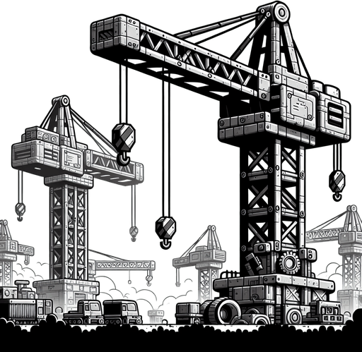 construction cranes on the sides of the frame, depth of field blur, cartoon style, black and white.
Single Game Texture. In-Game asset. 2d. Blank background. High contrast. No shadows.