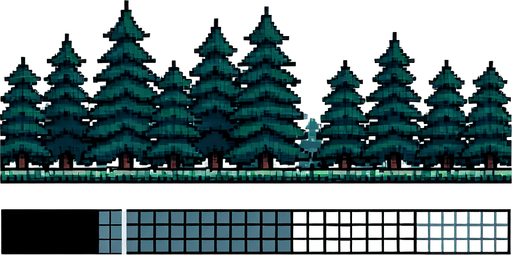 8-bit pixelated pinetree forest.
Single Game Texture. In-Game asset. 2d. Blank background. High contrast. No shadows.