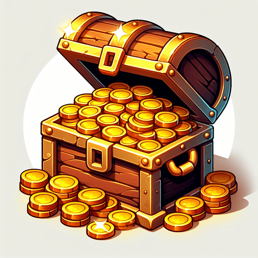 A treasure chest. Medieval style. cartoony. Open and full of gold coins. Single Game Texture. In-Game asset. 2d. Blank background. High contrast. No shadows.