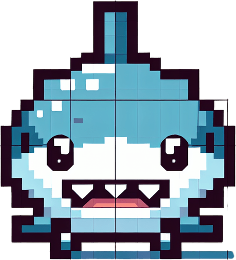 8 bit. cartoon. shark. ingame asset. seen from the front. open mouth. Single Game Texture. In-Game asset. 2d. Blank background. High contrast. No shadows.