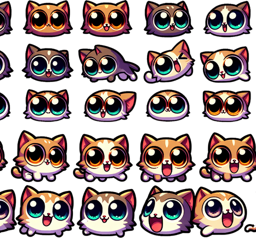 A sprite sheet of happy, cute and very silly looking little cats with large eyes..
Single Game Texture. In-Game asset. 2d. Blank background. High contrast. No shadows.